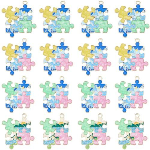 SUNNYCLUE 1 Box 24 Stück Puzzle Charms Große Puzzle Charms Legierung Emaille Bunt Grün Rosa Rot Dunkelblau Gelb Mini Quadrat Puzzleteil Charms Für Die Schmuckherstellung Charms Ohrringe Halsketten Kun