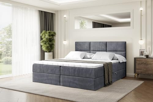 ALTDECOR Boxspringbett mit Matratze und Lattenrost, Boxbett, Topper, Polsterbett mit Bettkasten, Bett mit Stauraum H3-Matratze, Doppelbett, Springboxbett Ohio - 140x200 - Dunkelgrau Samt
