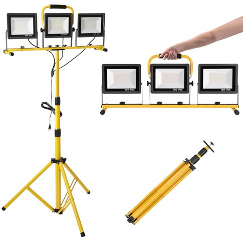 Yofuly 3x 70W Projecteur LED sur Trépieds, 21,000LM Lampes de Travail avec Trépied Télescopique en Réglable, Étanche IP66 Lampe Chantier Projecteur sur Pied, Câble 5M pour Exterieur Interieur