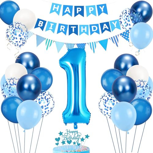 1. Geburtstag Deko Blau, Luftballon 1. Blaue, Geburtstagsdeko 1 Jahr, Junge 1 jahre Luftballon deko Blau, Zahl 1 Helium Luftballons Tortendeko Blau Weiß Ballons für Geburtstag Party Deko