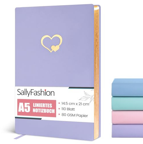 SALLYFASHION A5 Liniertes Notizbuch,Notizbuch für Damen, 80 Blatt/160 Seiten Süßes Notizbuch mit Goldrand Lila 14.5 x 20.8cm