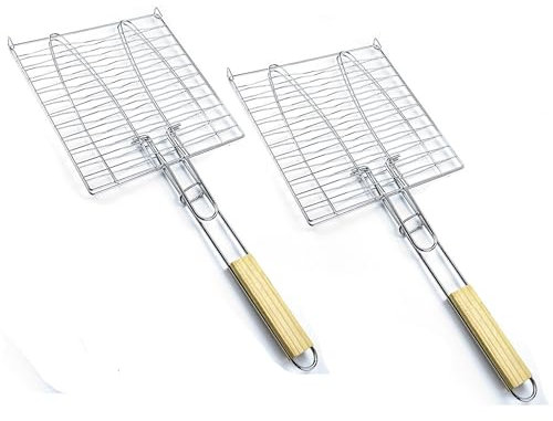 Juego de 2 asadores de pescado, 23,5 x 23,5 cm, para barbacoa con mango de madera, cesta de pescado para 2 peces, soporte para pescado con pinza, pinzas para barbacoa de pescado para verduras,