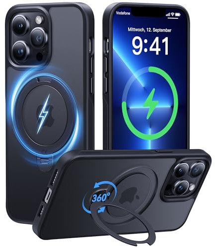 CASEKOO 360° MagicStand (Pro-Version) für iPhone 13 Pro Max Hülle für MagSafe [Unsichtbarer Ständer] [Militärschutz] Stoßfest Kratzfest Schutzhülle Griffig Case Dünn Handyhülle - Edel Schwarz