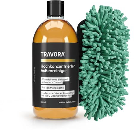 TRAVORA Hochkonzentriertes Bio-Außenreiniger Set für Auto & Camper - Premium Waschschwamm Auto inkl. 500 ml Bio KFZ & Caravan Reiniger - erzeugt bis zu 50L biologisch abbaubare Reinigungslösung