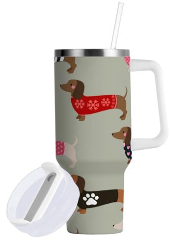 Boccsty Isolierter Trinkbecher mit süßem Dackel-Motiv, wiederverwendbar, Edelstahl, 1,2 l, Kaffee-Reisebecher, Wasserflasche mit Griff und Klapp-Trinkhalm, für Zuhause, Büro, Auto