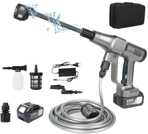 Hidrolimpiadora Bateria, 3 Niveles Máx 200 Bar Hidrolimpiadora Portátil con de 1X 15000mAh Bateria, Manguera de 5M, Boquilla Ajustable 6 en 1, Jarra de Espuma, de para Terraza, Jardín Limpieza
