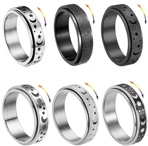 LOCCY 6 Stück Edelstahl Spinner Ringe für Damen Herren Mond und Sterne Drehbarer Edelstahl Ring Spinner Ring Set Silber/Black Edelstahl Vintage Ringe Freundschaftsringe für Frauen Männer (65)