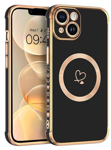 Telaso Magnetische Hülle für iPhone 14, Handyhülle für iPhone 14 Niedliches Herz Muster [ Kompatibel mit MagSafe ] Weiche Plattierung Abdeckung für Frauen, Schutz der Kamera, Schwarz