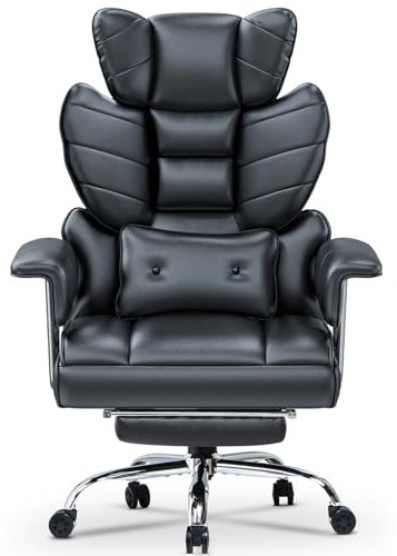 Racingreat Silla de Escritorio ergonómica con reposapiés Extensible,Silla de Oficina Ajustable en Altura,Respaldo Blando Grande,Apoyo Lumbar Individual,Silla de Oficina en Cuero de PU,Negro