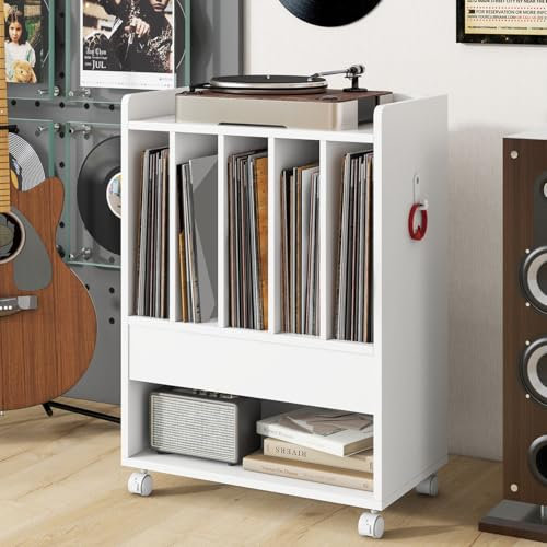 GIANTEX Mesa Auxiliar para Tocadiscos con Ruedas, 52 x 29,5 x 73 cm, Estantería para Discos de Vinilo, Mesilla con Compartimentos de Almacenamiento, Organizador de Discos para Salón, Dormitorio