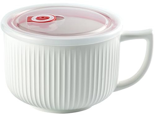 Hoilse Übergroße Suppenschüssel mit Griff, 1,077.3 g Mikrowellen-Ramenschüssel mit Deckel, Jumbo-Suppentasse für Ramen, Nudeln, Müsli, Suppenbehälter mit Deckel, spülmaschinenfest, Weiß