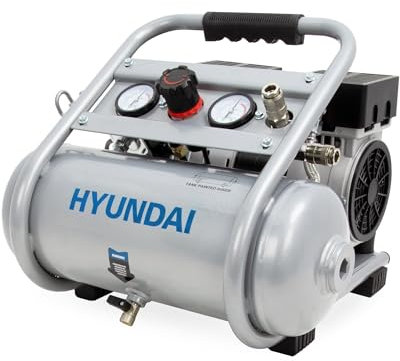 HYUNDAI Silent Kompressor SAC75008IC | 8L Kessel innen beschichtet | 0.75kW, 9bar | Ansaugleistung 128 L/Min | Luftkompressor leise, ölfrei | 2 Anschlüsse | Flüsterkompressor, Compressor flüsterleise