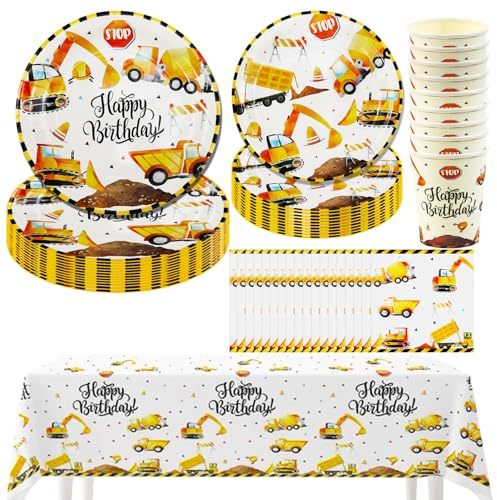 Hmfmdy Baustelle Partygeschirr Set, 51 Stück Baustelle Party Deko, Bagger Geburtstag Geschirr Kit Mit Pappteller Becher Servietten Tischdecke, KinderGeburtstag Party Deko Geschirr Supplies