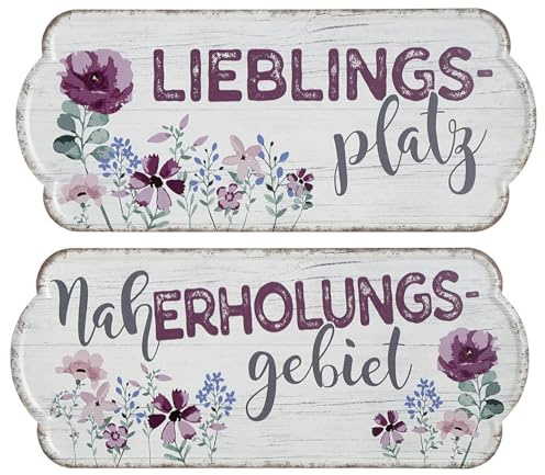 2er Set Garten Metallschilder, LIEBLINGSPLATZ und NAHERHOLUNGSGEBIET, Material Metall, Maße je 35 x 15 cm, weiss rot, ideal für Garten, Terrasse, Bar, Cafe, Cafeteria oder einfach Zuhause.