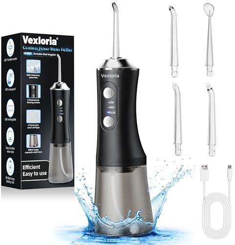 Irrigador Bucal Portatil Water Flosser, 300ML Irrigador Dental Profesional 4 Boquillas 3 Modos, Inalámbrico de Riego para Limpieza Dental IPX7 Impermeable, negro claro