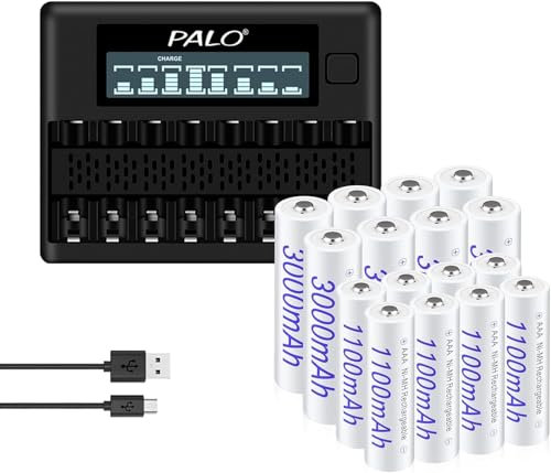 Palogreen Battery AA AAA With Battery Charger - 8 AA 3000mAh and 8 AAA 1100mAh Rechargeable Batteries 1.2V NiMH With 8 Compartment Intelligent LCD Battery Charger With Discharging