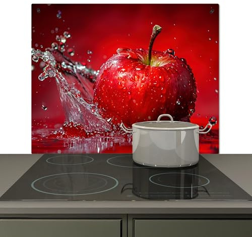 KitchenYeah© Spritzschutz Herd Küchenrückwand Vinyl Küchen Zubehör | 59x51 cm - Küchenwand, Herdabdeckung Induktionsmatte Apfel - Spritzer - Wasser - Rot