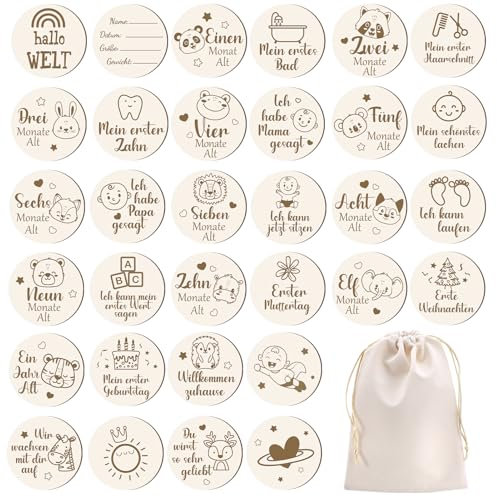 Kaisibum Meilensteinkarten Baby Holz,16 Stück Monatliche Meilensteinkarten für Baby,Geschenk für Schwangere, werdende Mütter & Eltern (16 Stück)