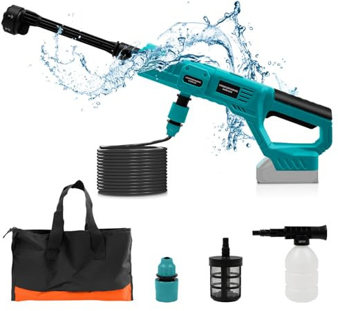 Roadtime Nettoyeur Haute Pression sans Fil pour Makita Batterie, Pistolet de Nettoyage et D'arrosage Mobile Portable avec Conduite d'eau de 5 m, avec buse 6 en 1 pour Voitures, Sols(sans Batterie)