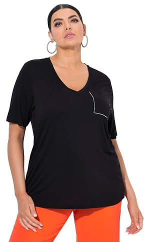 Ulla Popken Damen große Größen Übergrößen Plus Size T Shirt mit V Ausschnitt und Tasche mit Hotfix