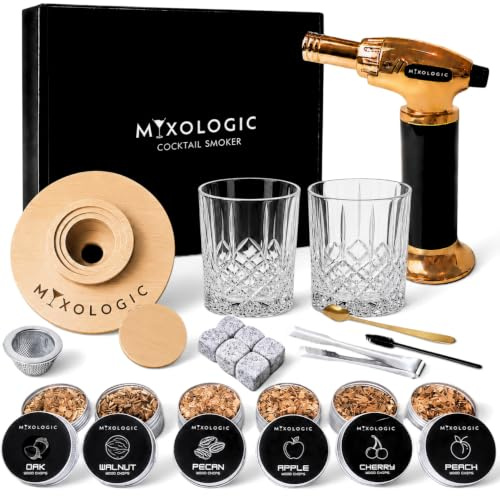 MIXOLOGIC Cocktail Smoker Kit with Torch, 2 Glasses, 6 Wood Chips, Whiskey Stones & Accessories, Old Fashioned Whisky Smoking Set, Drinks Infuser, Men Gift, Boyfriiend, Dad, Husband (No Butane)