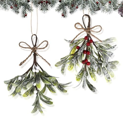 Paquete de 2 muérdago colgante artificial, adorno colgante de muérdago de Navidad, bola de beso, hojas secas, decoración colgante con purpurina para árbol de Navidad, accesorios para puerta, árbol