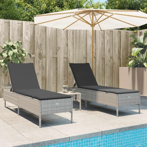 Set di 3 Lettini da Giardino con Cuscini, in Polyrattan e Acciaio, Schienale Regolabile 5 Posizioni, Sdraio da Giardino, Lettino da Spiaggia, per Giardino e Piscina, Grigio Chiaro, 198 x 55 cm