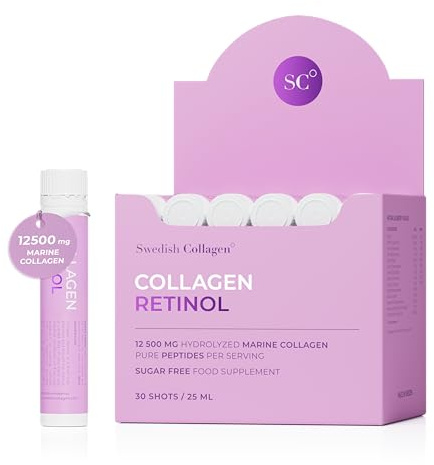 Swedish Collagen Retinol 12,500 mg Liquid Marine Collagen Shots, 30 x 25 ml | Type 1 & 3 retinol collagen shots with hyaluronic acid, vitamin C & biotin for hair, skin, nails & joints; anti-ageing beauty