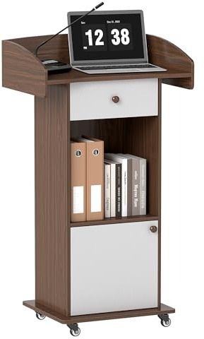Turosur Podium Stand with Drawer, Hidden Cable Hole & Adjustable Shelf | Portable Lectern Stand with Storage Cabinet & Lockable Wheels, Reception Deskk for Office, School, Church, Walnut +White