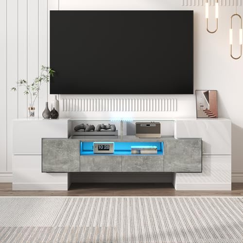 TV Lowboard 145 cm Hochglanz Weiß Betonoptik mit LED-Beleuchtung – Fernsehschrank Modern, 6 Türen, 2 Schubladen, 3 offene Fächer, Mehrfarbig RGB, Glasoberfläche für Wohnzimmer