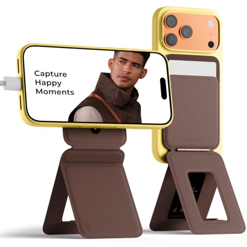 MOFT Handy Stativ für Smartphone, [Ultra Dünn & Tragbar] Faltebar MOVAS Veganes Leder Stativ für Magsafe, 3-in-1 Handy Ständer mit Magnetische Kartenhalter, Mini Selfie Stick, Brownie