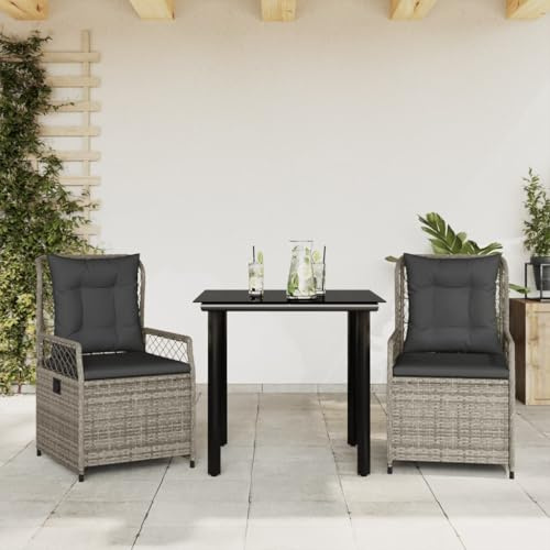 Ziaphsol 3-TLG. Garten-Essgruppe, Grau Poly Rattan, verstellbare Relaxsessel, 80x80x74cm Tisch mit Glasplatte, UV-beständig, wetterfestes Outdoor-Möbelset für Balkon, Terrasse