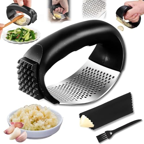 Byrdz Knoblauchpresse aus Edelstahl – Ergonomische Wipp-Knoblauchpresse aus 304 Edelstahl, leicht zu reinigen, inkl. Silikon-Schäler & Reinigungsbürste