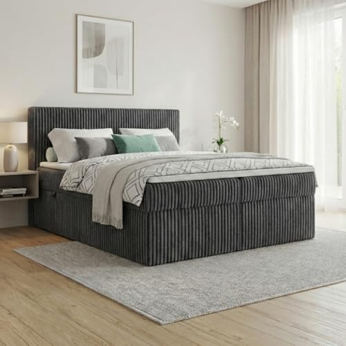 A&J MöbelLand Boxspringbett RALF 200x200 mit Bettkasten und Topper – Bonellmatratze H2 – Stauraum in Dunkelgrau