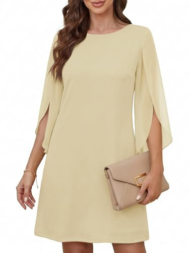 Cicy Bell Robe de cocktail élégante à col rond pour femme - En maille - Manches 3/4 - Couleur unie - Robe décontractée - Robe d'été