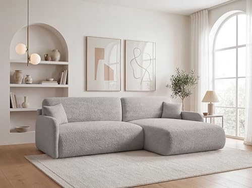 KP-Meble Ecksofa mit Schlaffunktion - 256x175 cm Bouclé Beige – Modernes L-Sofa, Schlafsofa mit Bettkasten, Große Couch mit Stauraum Pierr (Anthology 15, Rechts)