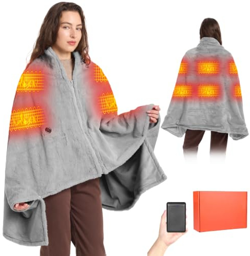 160x90cm Heizdecke Kabellos mit 16000mAh Akku, Waschbar Flanell Heizdecke zum Anziehen mit 6 Heizzonen und 3 Temperaturstufen, USB Elektrische Wärmedecke für Sofa, Büro, Reisen, Camping (Grau)
