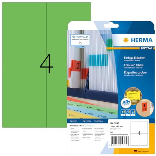 HERMA 4564 Farbige Etiketten grün ablösbar, 20 Blatt, 105 x 148 mm, 4 pro A4 Bogen, 80 Stück, selbstklebend, bedruckbar, matt, blanko Papier Farbetiketten Aufkleber