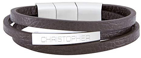 Mondgold Braunes Armband aus Leder mit Edelstahl-Element und Namen Gravur und Erweiterungsschließe, Herren Schmuck, Länge ca. 21 cm