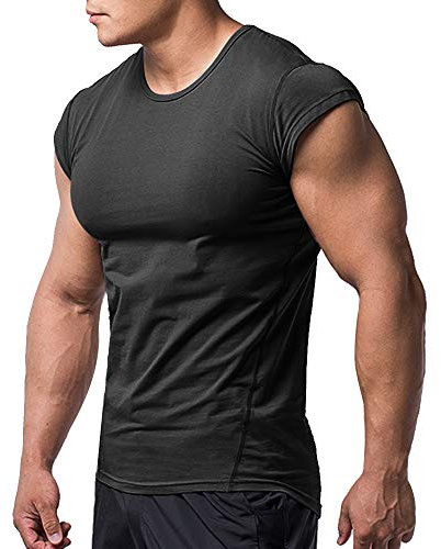 Herren T-Shirts Fitnessstudio Hemden Kurz Ärmel Muskel Schnitt zum Bodybuilding Tops Schwarz L