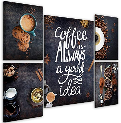 decomonkey Bilder Set Küche Kaffee 110x80 cm 5 Teilig Leinwandbilder Bild auf Leinwand Vlies Wandbild Kunstdruck Wanddeko Wand Wohnzimmer Wanddekoration Deko Spruch