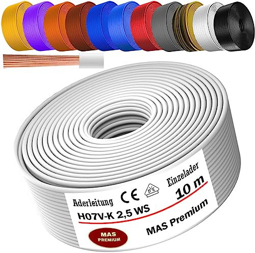 MAS Premium Aderleitung H07 V-K 1x2,5 mm² HBL GRGE RT DBL BR OR GR WS VIO oder GE Einzelader flexibel Von 5 bis 100m (Weiß, 10m)