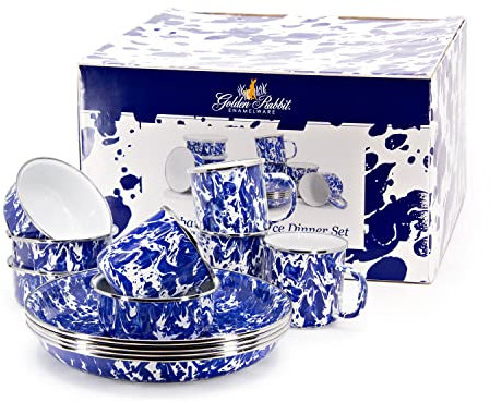 Golden Rabbit Enamelware - Juego de vajilla de regalo de 12 piezas (remolino de cobalto)
