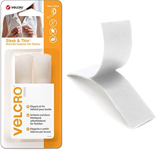 Velcro Marque, Sleek & Thin pour tissus, Bande adhésive, 19 mm x 60 cm, noire, Doux au toucher, très léger, Dos adhésif, sans couture, Blanche