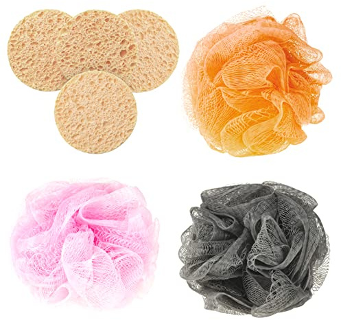 Eco-Friendly Makeup Remover Pads & XL Bath Loofah Set – Reusable Facial Sponges & Exfoliating Shower Puff – Gentle Skincare for Sensitive Skin – 7-Piece Bathing Kit