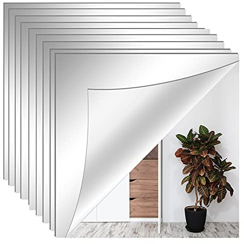 QFRZ 10 unidades de espejos adhesivos de pared adhesivos cuadrados 30 x 30 cm autoadhesivos, flexibles, no vidrio, DIY, acrílico, decoración de pared, espejo decorativo sin marco