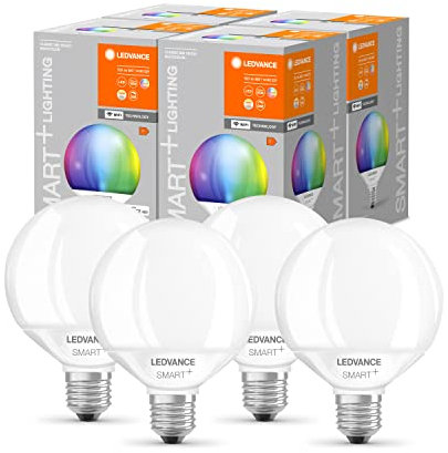 LEDVANCE Smarte LED-Lampe mit Wifi Technologie, E27, Dimmbar, RGB-Farben & Lichtfarbe änderbar, Globeform, Matt, Ersatz für herkömmliche 100W-Glühbirnen, steuerbar mit Alexa, Google & App, 4er-Pack