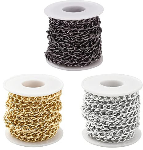 Cadenas de aluminio de 49.2 pies, eslabones trenzados, cadenas de cable cruzado, dorado, plateado y plomizo con carrete para hacer collares y joyas
