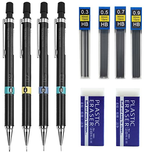 Zngou Lot de 4 porte-mines 0,3 0,5 0,7 0,9 mm HB - Propulsion automatique d'architecture avec recharge en caoutchouc pour artiste, école, dessin, écriture, esquisse