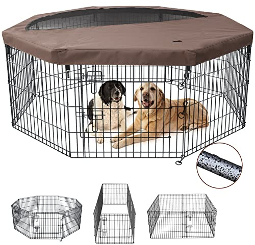NEZUC Faltbares Metall-Laufgitter für Hunde und Haustiere, 8 Paneele, Welpenhütten mit oberer Abdeckung/untere Polsterung für Tiere im Freien und im Innenbereich (mit oberer Abdeckung, 61 cm H)